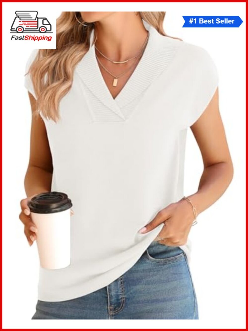 ✨Sweater Vest V-Neck Knitted Pullover Short Cap Sleeve Collared Dressy Casual